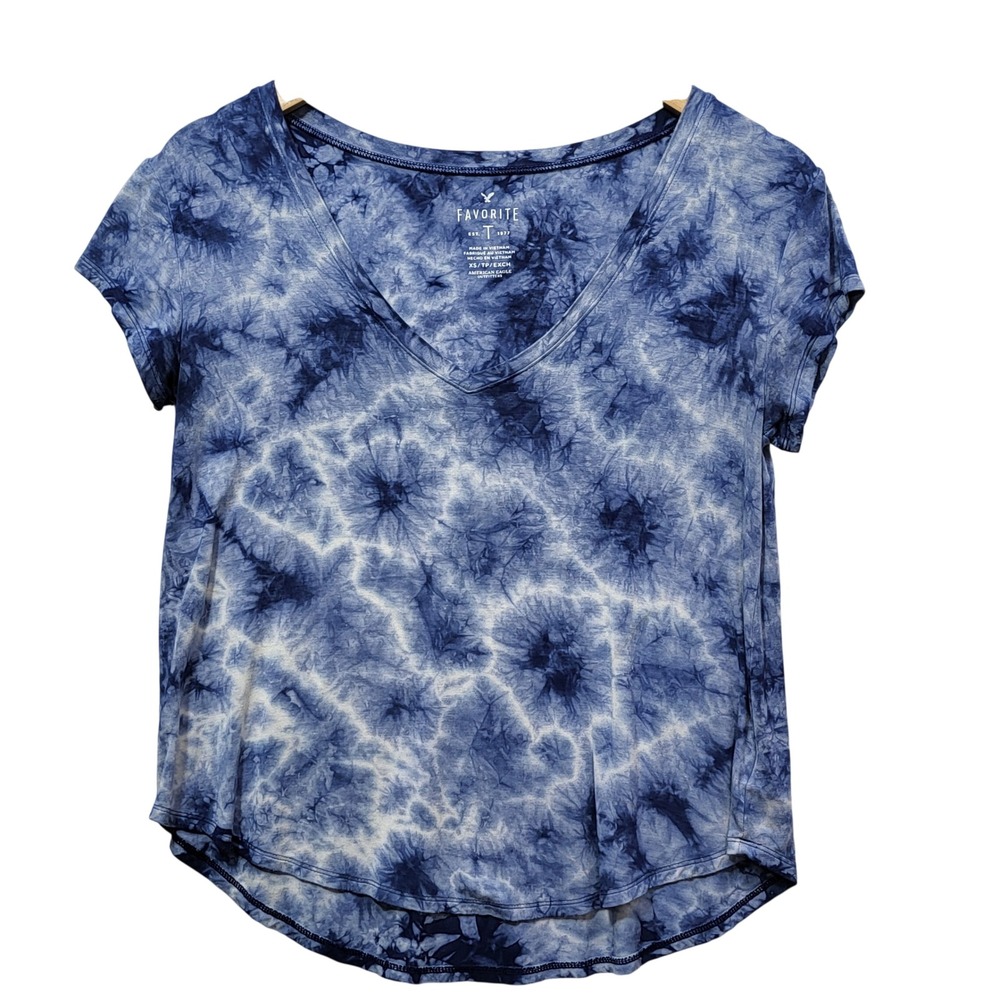 American Eagle Womens Favorite T Blue White Tie Dye V-Neck T-Shirt XS Top